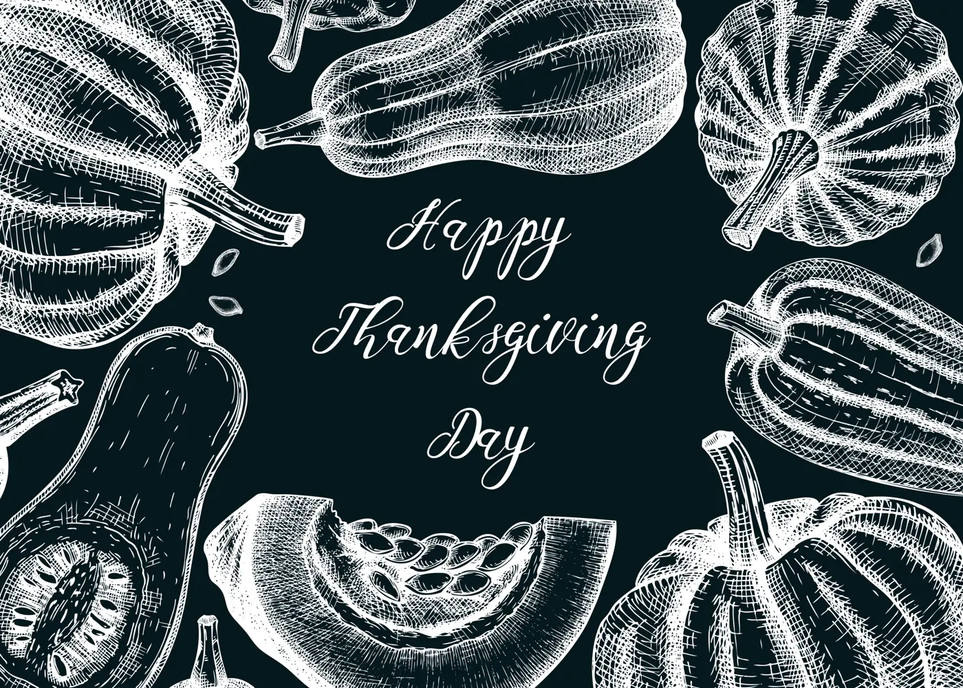 Sketched pumpkin illustrations on chalkboard. Thanksgiving day background. Autumn food drawings. Vector vegetables, butternut squash, marrow, pumpkin slice sketches. Fall Harvest festival frame Illustration